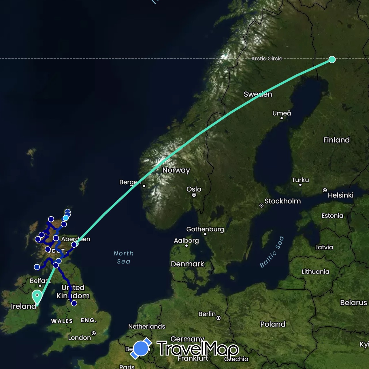 TravelMap itinerary: driving, boat, ferry, plane in Finland, United Kingdom, Ireland (Europe)