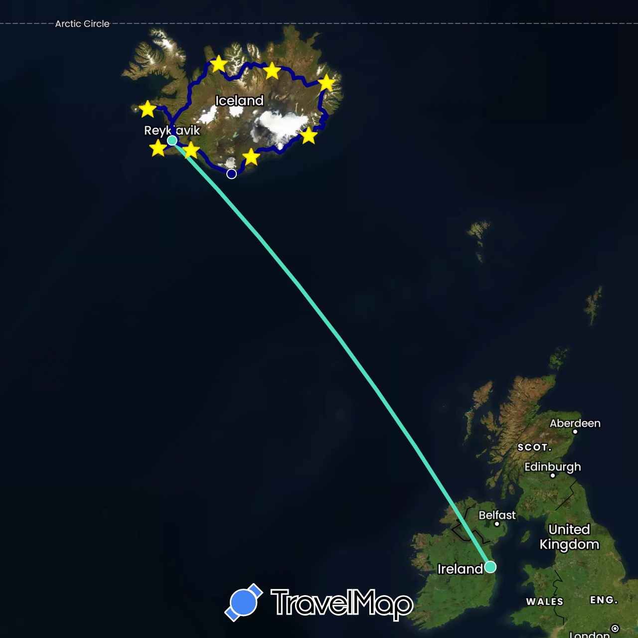 TravelMap itinerary: driving, plane in Ireland, Iceland (Europe)