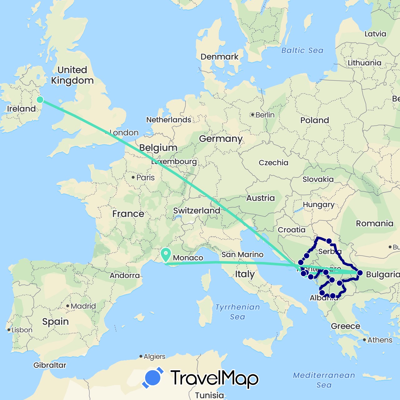 TravelMap itinerary: driving, plane in Albania, Bosnia and Herzegovina, Bulgaria, France, Croatia, Ireland, Montenegro, Macedonia, Serbia, Kosovo (Europe)