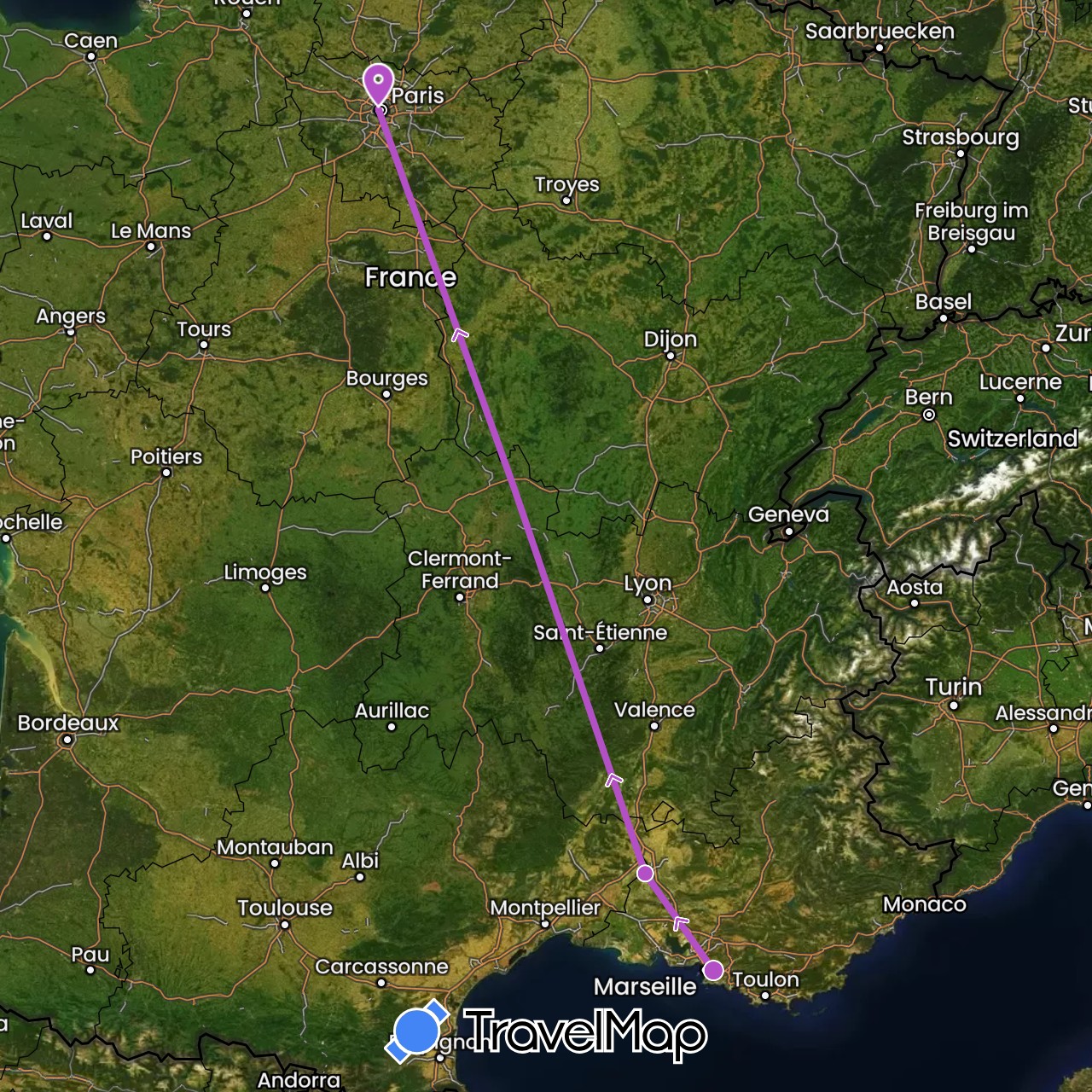 TravelMap itinerary: driving, train in France (Europe)
